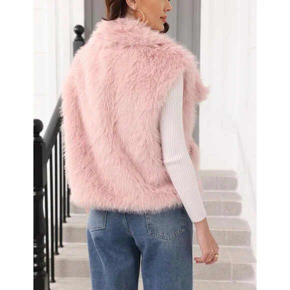 Women's Pink Faux Fur Vest Lapel Collar Sleeveless Furry Jacket Shaggy Warm - Picture 2 of 7